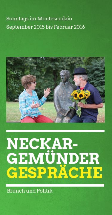 Deckbaltt des Flyer zur Veranstaltungsreihe Brunch und Politik mit einem Foto von zwei sich unterhaltenden Menschen auf einer Bank im Menzerpark Neckargemünd