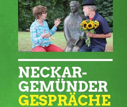 Ausschnitt aus dem Deckbaltt des Flyer zur Veranstaltungsreihe Brunch und Politik mit einem Foto von zwei sich unterhaltenden Menschen auf einer Bank im Menzerpark Neckargemünd